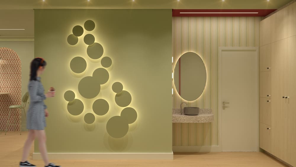 Detalhe da parede decorativa com círculos iluminados
