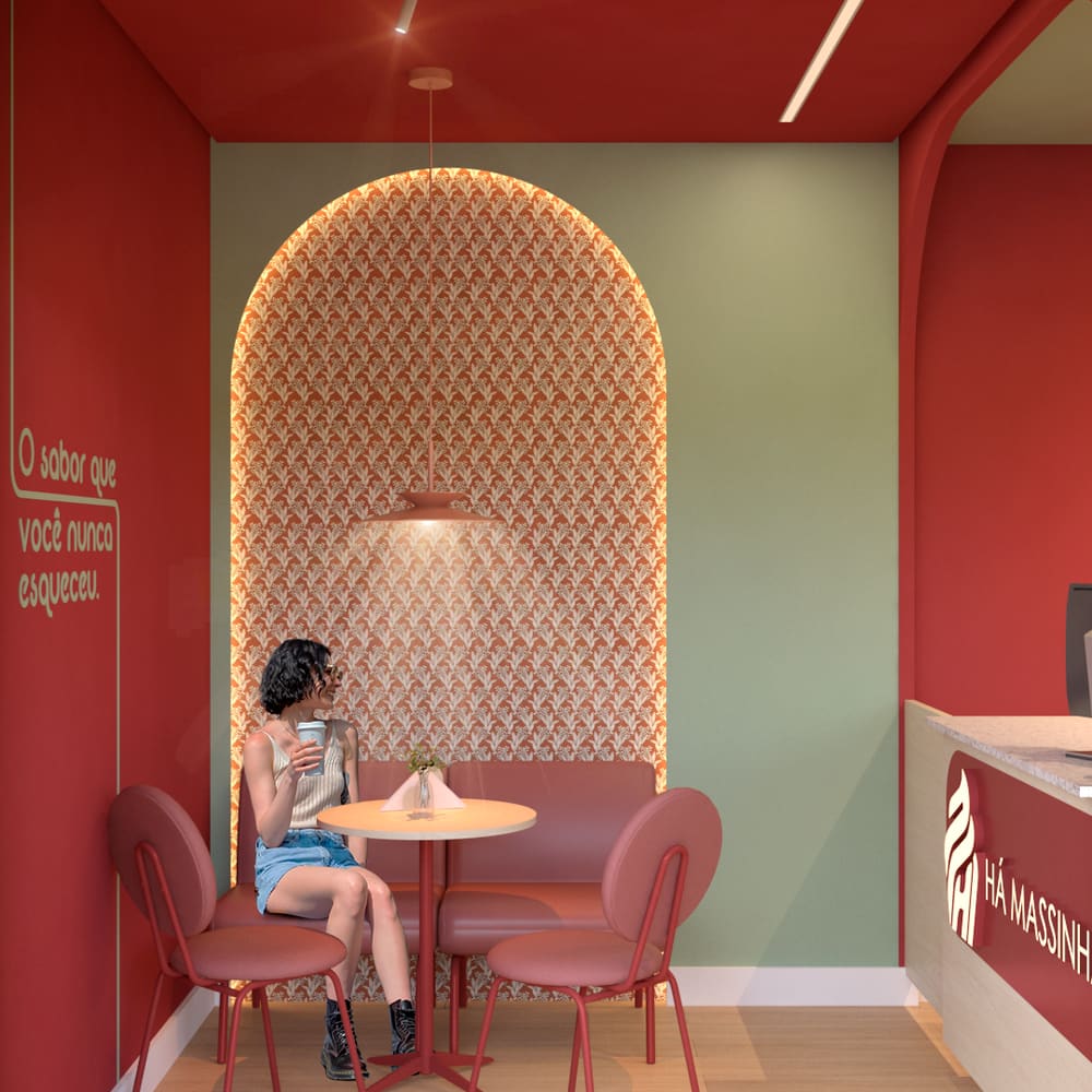 Ambiente interno do container com mesa, poltronas e nicho iluminado