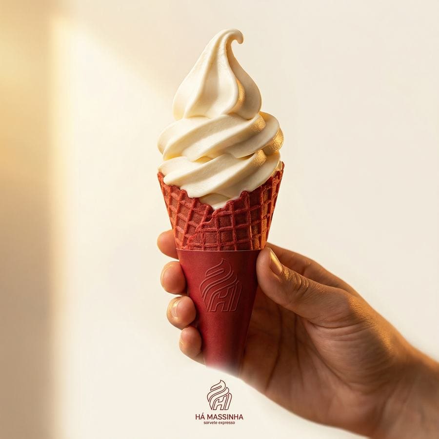 Casquinha de sorvete expresso Há Massinha na mão, em cone vermelho com a marca